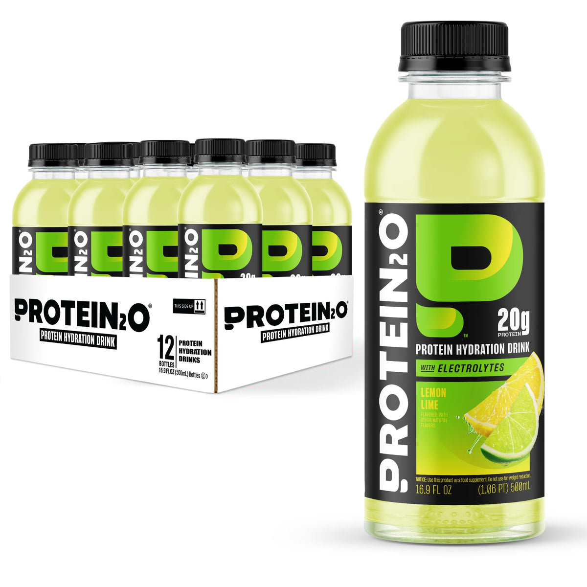 Protein2o 20g Whey Protein Isolate Hydration Drink, 350mg of Electrolytes, Vitamins B5 & B6, Sugar Free, Lemon Lime, 16.9 oz Bottle (12 Count)