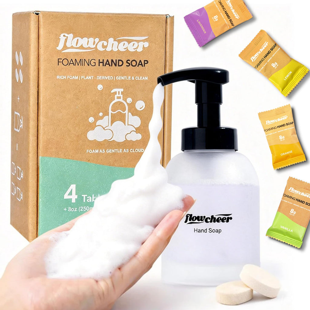 Flowcheer foaming hand soap refill kit with 8oz dispenser and 4 assorted tablet packs for effortless cleaning.