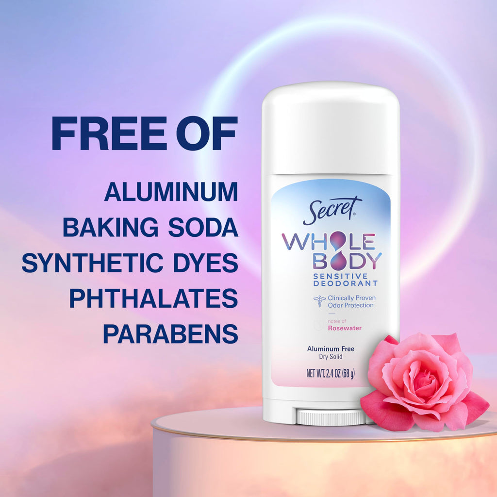 Secret Whole Body Deodorant Stick for Women, Rosewater Scent, Aluminum Free Deodorant Stick, 72 HR Odor Protection, 2.4 oz