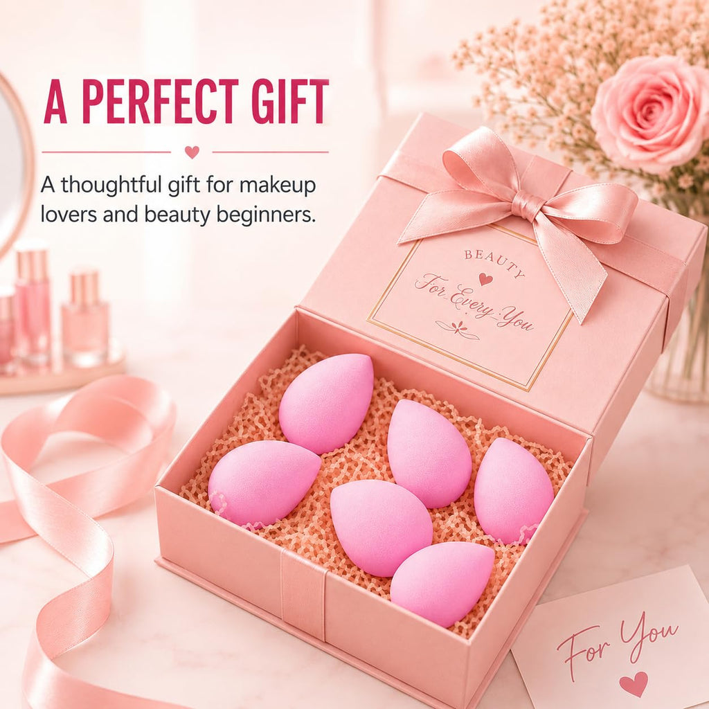 BEAKEY Makeup Sponge Set of 6, Super Soft Beauty Sponges for Foundation | for Liquid, Cream & Powder Application, Pink Blender for Flawless Blending, 0 Latex Vegan & Cruelty-Free, Reusable