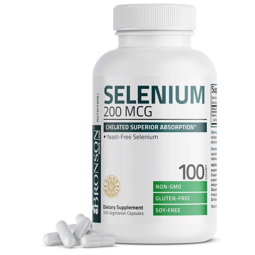 Bronson Selenium 200 mcg Albion Chelated Amino Acid Complex, 250 Capsules | Yeast-Free Essential Trace Mineral, Immune, Prostate & Metabolism Support, Vegetarian, Non-GMO, Gluten-Free & Soy-Free