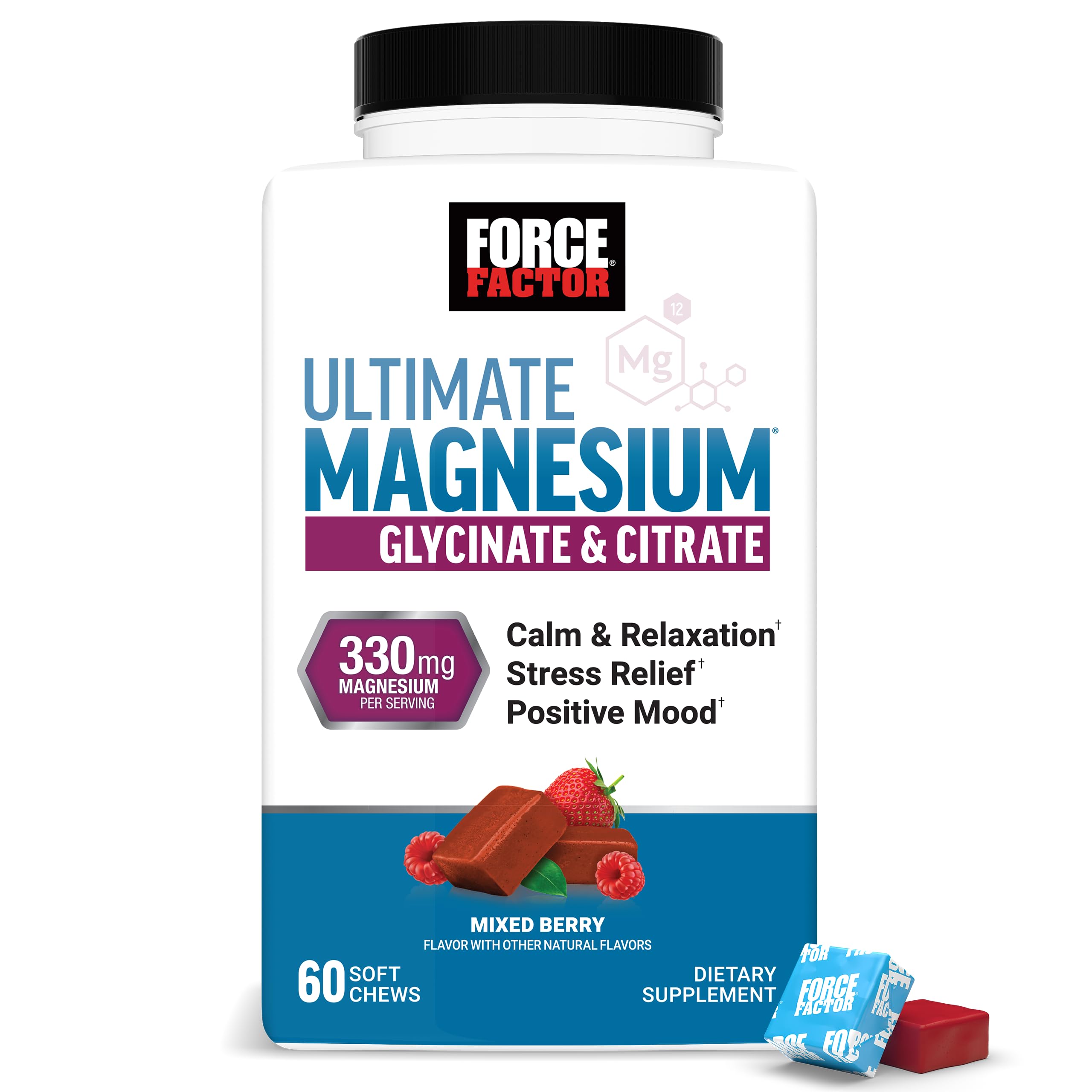 Force Factor Ultimate Magnesium Supplement with 330mg Magnesium Glycinate | Magnesium Citrate, Like Magnesium Gummies, Support Calm, Relaxation, Vegan & Gluten Free, Mixed Berry Flavor, 60 Soft Chews