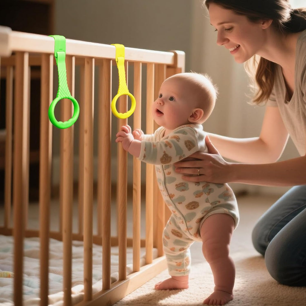 6PCS Playpen Baby Pull Up Rings - Premium Baby Handles for Play Pen Standing Up - Plastic Walking Exercises Assistant Rings for Infants Babies Toddler - Ergonomic Handles - 6 Colors