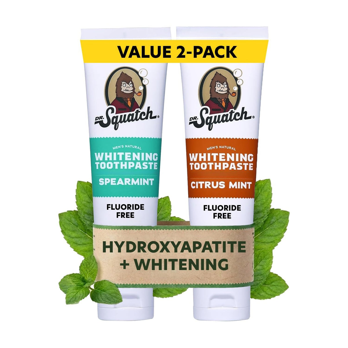Dr. Squatch Hydroxyapatite Toothpaste Whitening - Natural, Fluoride-Free Toothpaste - Enamel Support - Day & Night Set - Citrus Mint & Spearmint, (4.7 oz, 2-Pack)