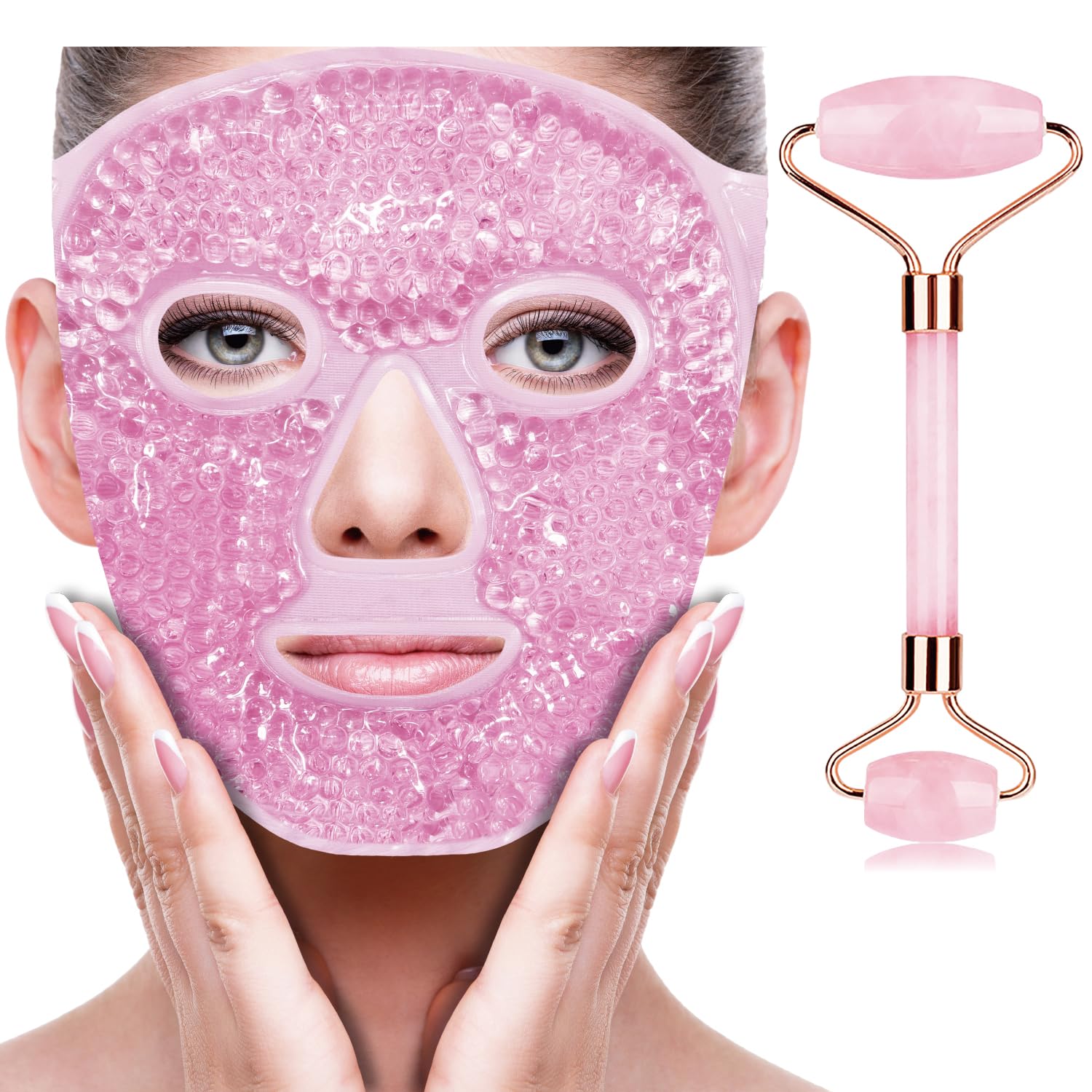 Buy now Cold Face Eye Mask Ice Pack Reduce Facial Puff, Dark Circles, Gel Hot Heat Cold Compress Pack, Face SPA Gift for Woman Sleeping, Pressure, Headaches, Skin Care, Post Laser Cosmetic Care[Blue] Pink(Face Mask+Jade Roller) at indiglob india