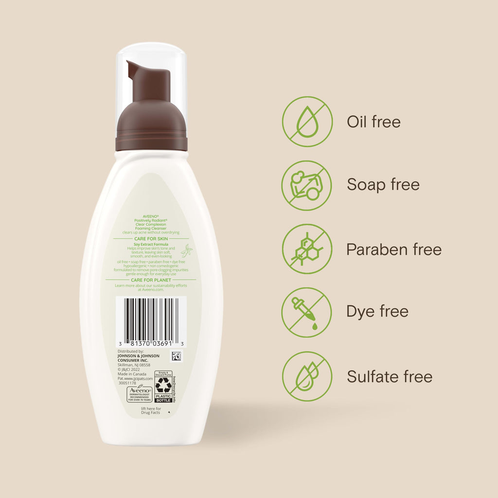 Aveeno Positively Radiant Clear Complexion Foaming Face Cleanser, 6 fl. oz | Facial Cleanser with Soy Extract & 0.5% Salicylic Acid, Acne Treatment Face Wash, Oil-Free, Hypoallergenic, No Added Sulfates