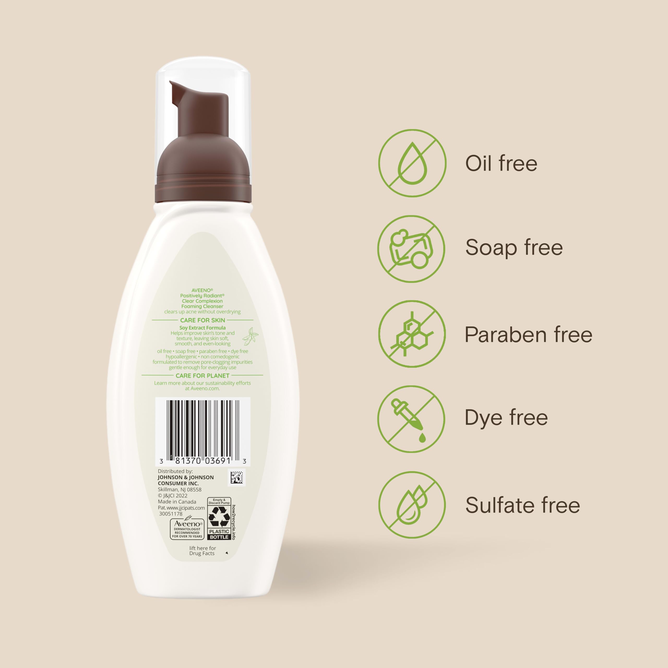 Aveeno Positively Radiant Clear Complexion Foaming Face Cleanser, 6 fl. oz | Facial Cleanser with Soy Extract & 0.5% Salicylic Acid, Acne Treatment Face Wash, Oil-Free, Hypoallergenic, No Added Sulfates