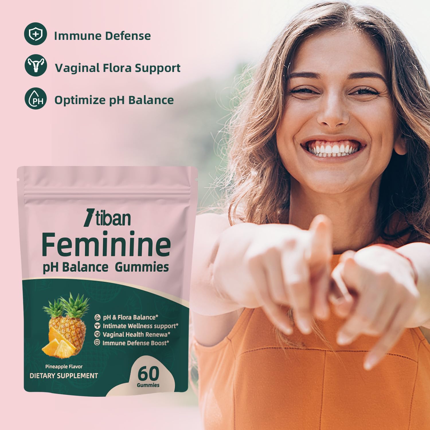 Women Gummies for pH Balance, Premium Feminine Vaginal Health Probiotics Her Gummy, Immune Support, Vegan, Gluten-Free, Pineapple Flavour 60 Gummies 30 Servings