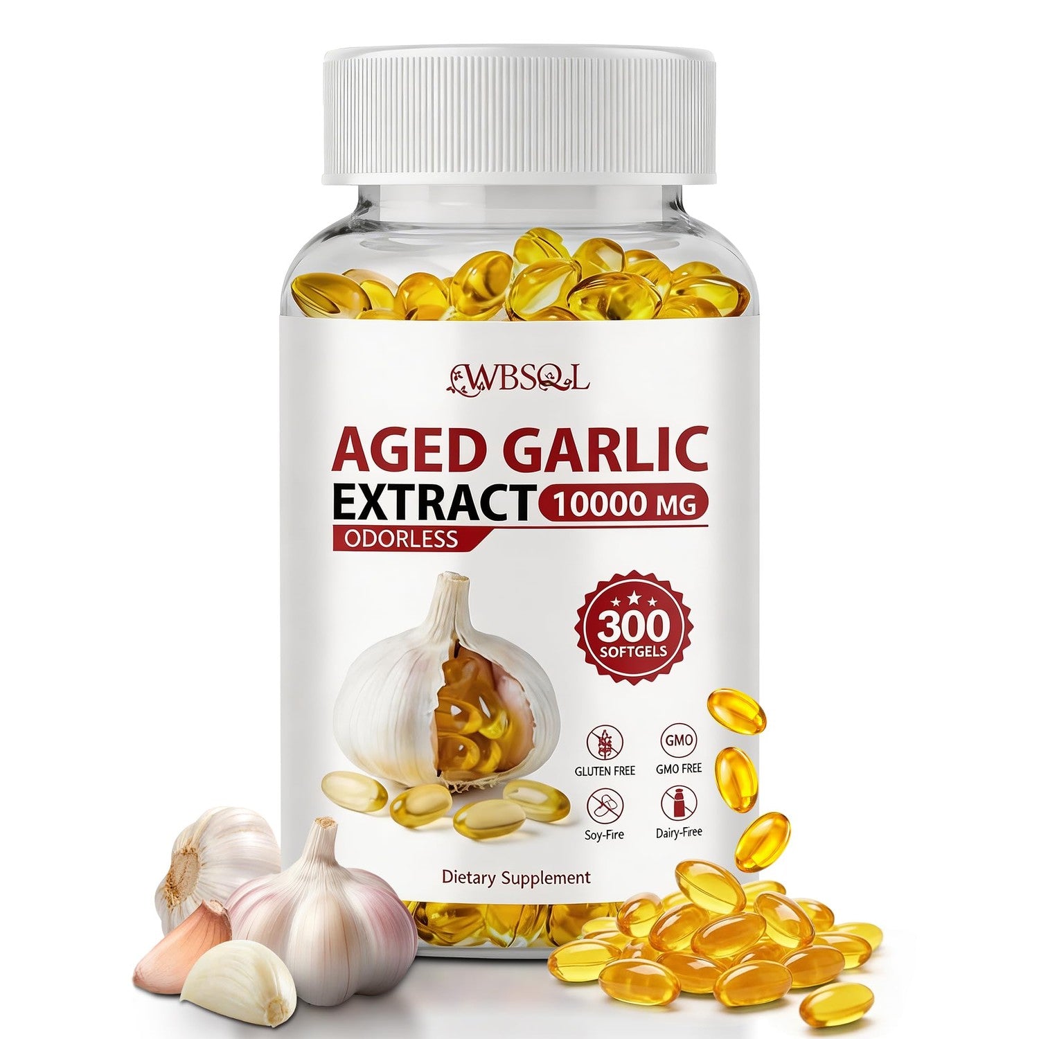Odorless Aged Garlic Extract 10,000 mg - 300 Softgels, 2 Year Aged Garlic Supplements for Heart & Immune Support - Natural Antioxidant Supplement, Non-GMO, Gluten-Free, Vegan