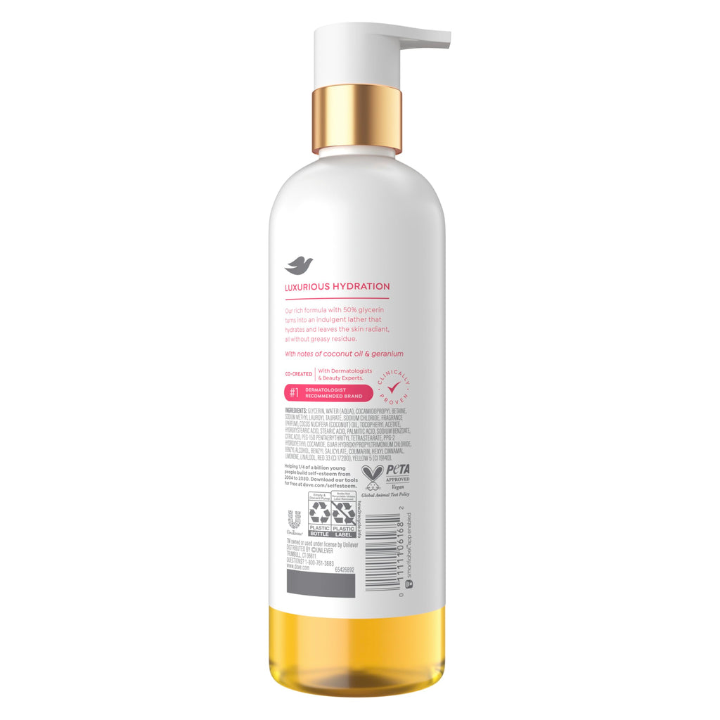 Dove Serum+Shower Oil Body Wash Dewy, Coconut & Geranium Oil, 15.3 fl oz | Hydrating shower oil body wash with glycerin serum for soft, dewy skin without greasy residue