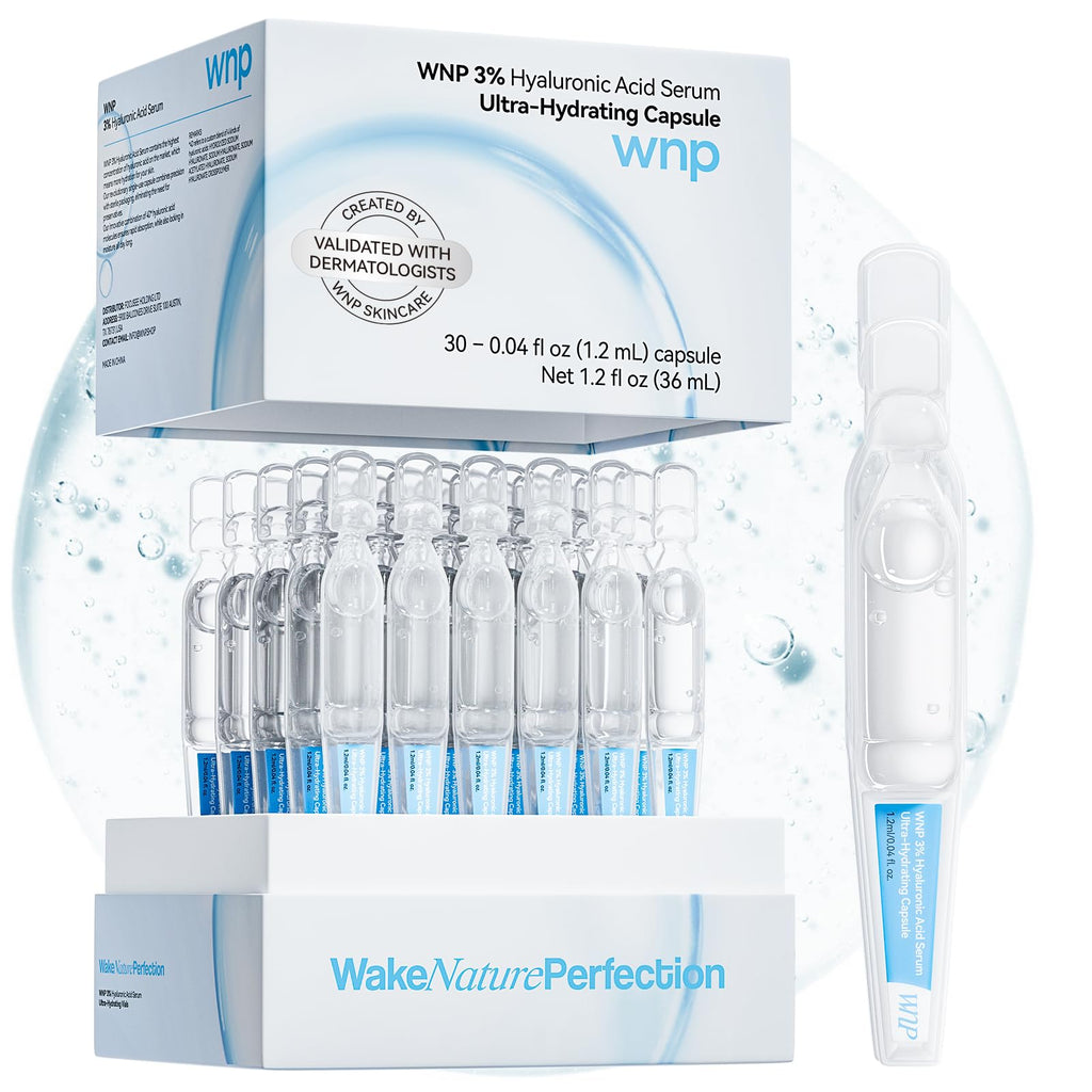WNP Hyaluronic Acid Face Serum 3% Hydrating Ampoule for Dry Skin, 60 Ct | Sterile Single-Use| 24-Hour Hydration| Makeup-Friendly| Travel Ready| Fast-Absorbing| Moisture Care