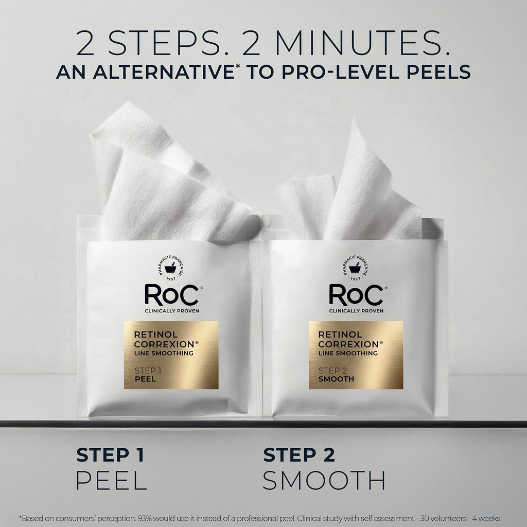 RoC Retinol Correxion Line Smoothing 2-Step Peel Pads with Clinical Retinol & 5-Acid Blend, Resurfacing Treatment for Fine Lines, Dullness, and Pores, 20 Treatments