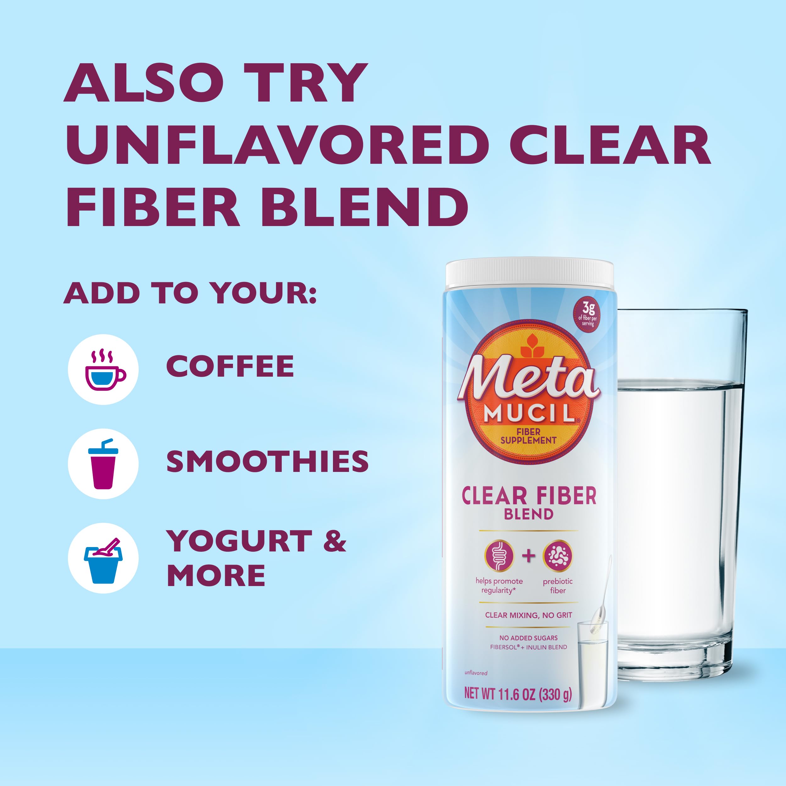 Metamucil Fiber Supplement, Clear Mixing Fiber Powder Stick Packs, Mixed Berry Flavor, On the go, Plant Based Prebiotic Fiber Supplement Blend for Daily Digestive Health, 21 Stick Packs