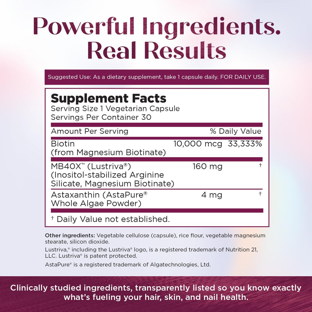 Purity Products MyBiotin ProClinical - Biotin - Thicker Hair in 3 Weeks | Fights Wrinkles, MB40X Patented Biotin Vitamin B7 Matrix w/Astaxanthin - 40X More Soluble vs Ordinary Biotin, 90 Veg Capsules