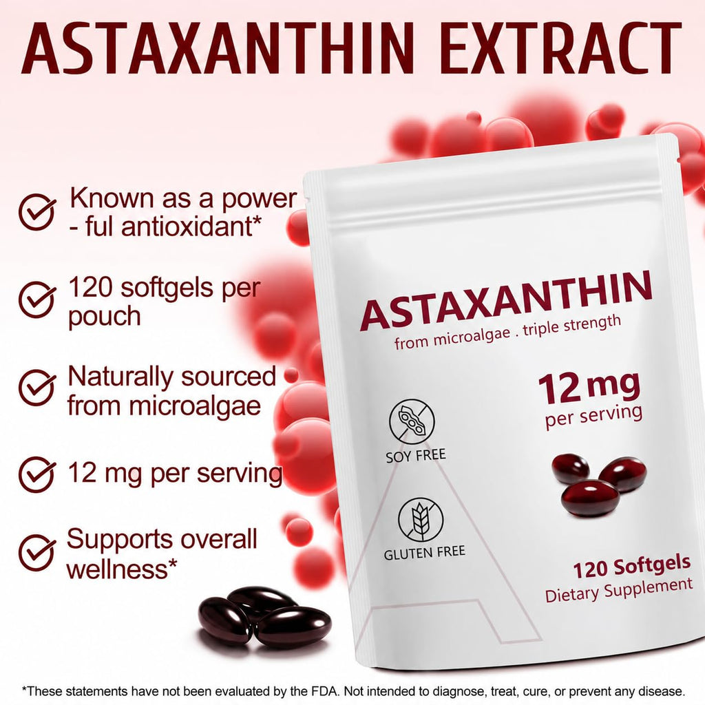 Astaxanthin 12mg, 120 Softgels, 4 Month Supply, Premium Astaxanthin Antioxidant Supplements with Antioxidant Activity, Supports Eye, Immune, Joint, Skin Health, Internal Circulation