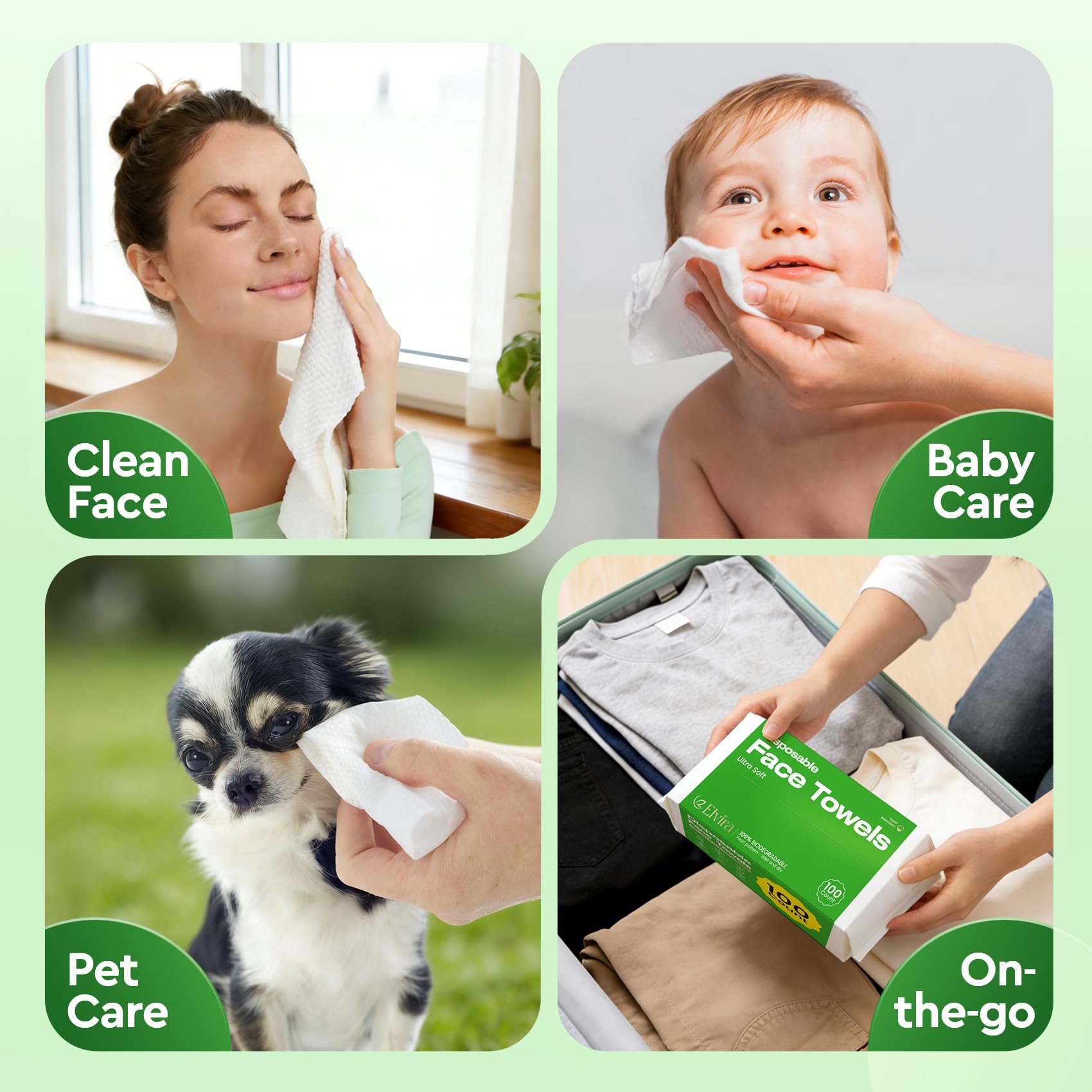 Elvira 100 Count Disposable Face Towels | Biodegradable, Ultra Soft & Thick, Lint-Free & Vegan, For Sensitive Skin, Travel Essential