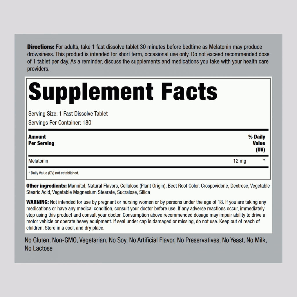 Piping Rock Melatonin 12 mg | 180 Fast Dissolve Tablets | Berry Flavor