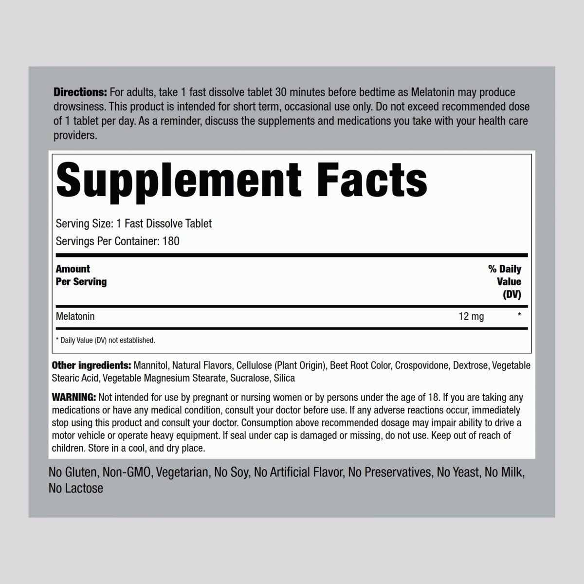 Piping Rock Melatonin 12 mg | 180 Fast Dissolve Tablets | Berry Flavor