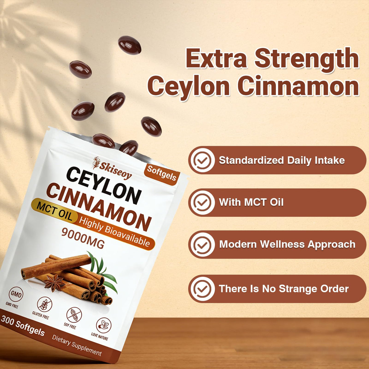 Ceylon Cinnamon with MCT Oil, True Sri Lanka Ceylon Cinnamon Highly Bioavailable Herbal Extract, Energy & Glucose Metabolism Support, Cardiovascular Wellness, Antioxidant Boost, 300 Softgels