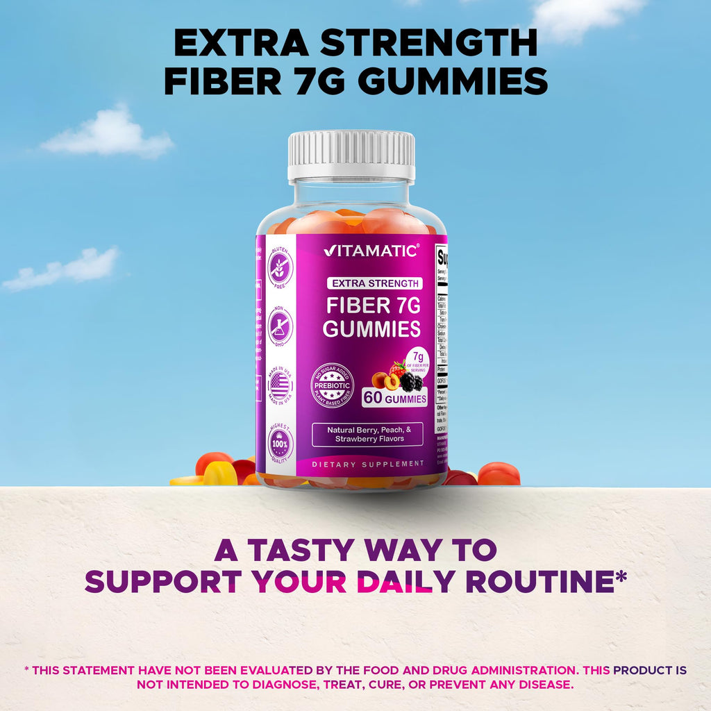 Vitamatic Prebiotic Fiber Gummies for Adults – 7g Fiber per Serving – 60 Pectin-Based Gummies Extra Strength, Zero Sugar Added – Supports Digestive Health & Regularity – Non-GMO, Vegan, Gluten-Free