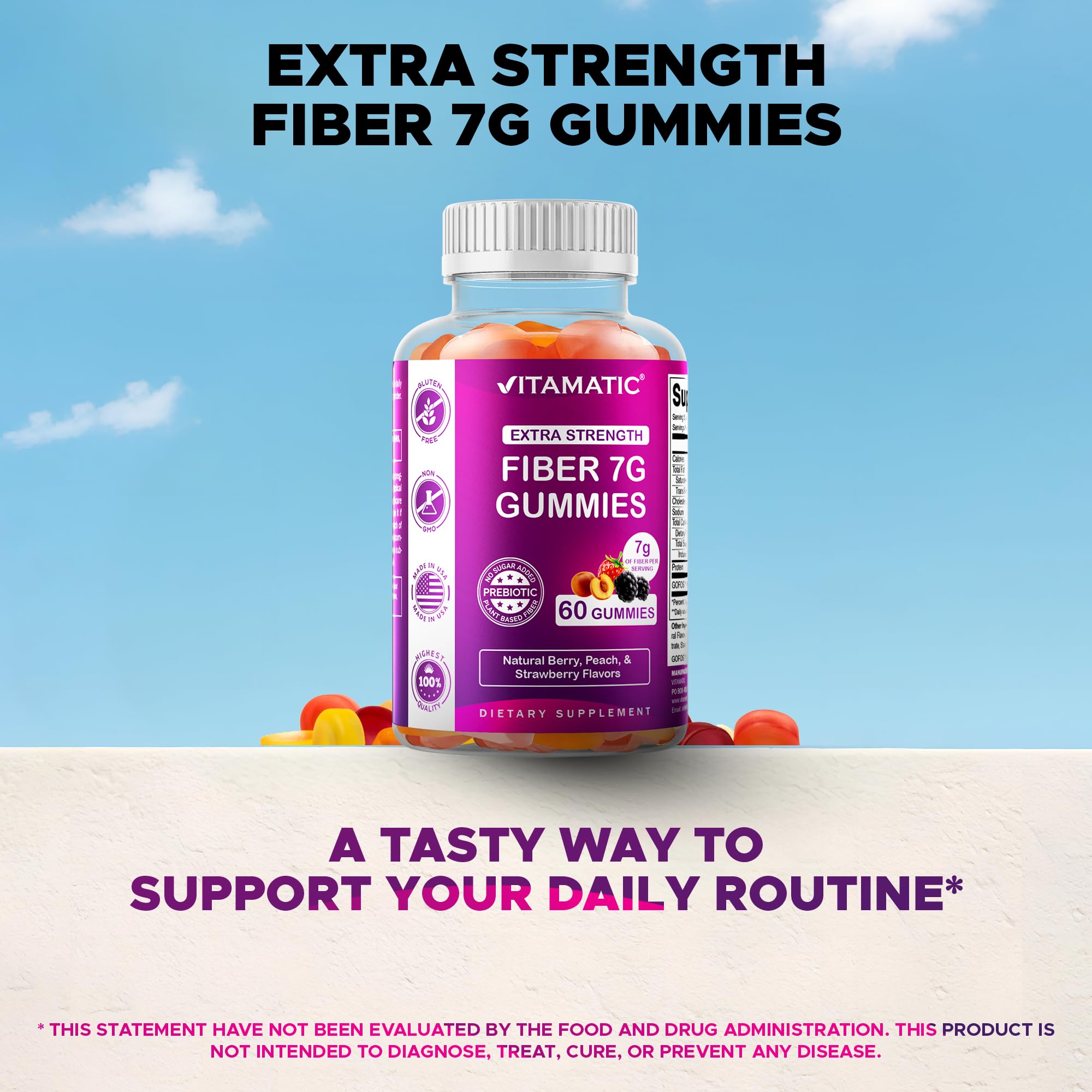 Vitamatic Prebiotic Fiber Gummies for Adults – 7g Fiber per Serving – 60 Pectin-Based Gummies Extra Strength, Zero Sugar Added – Supports Digestive Health & Regularity – Non-GMO, Vegan, Gluten-Free