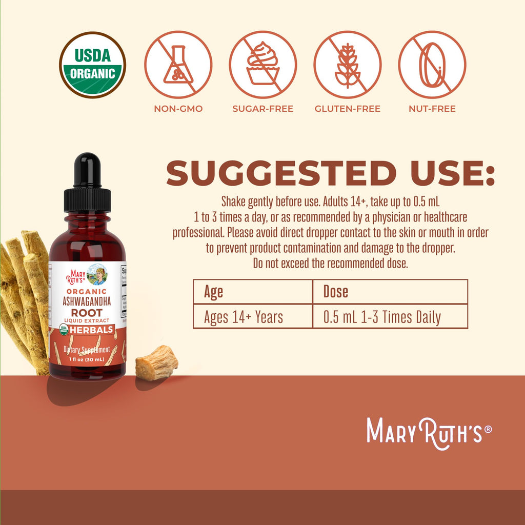 MARYRUTH'S Ashwagandha Root Liquid Drops, Mood & Stress Support Supplement | Mood & Stress Support Supplement, Calm & Relaxation, 590mg Ashwagandha, Adaptogen & Nervine, Vegan