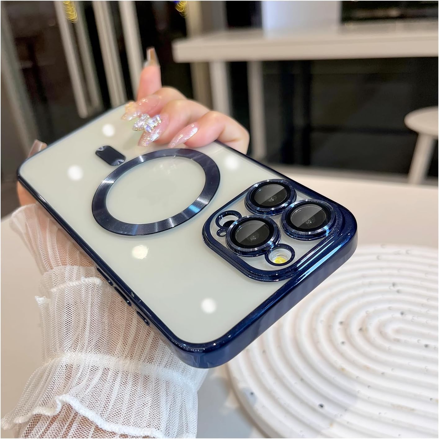 Buy now Magnetic Case for iPhone 15 Pro Max Case with Full Camera Lens Protector [Strong N56 Magnets] [Compatible with Magsafe] Clear Stylish Case for iPhone 15 ProMax Phone Case, Gold Titanium iPhone 15 Pro Max A-Blue Titanium at indiglob india