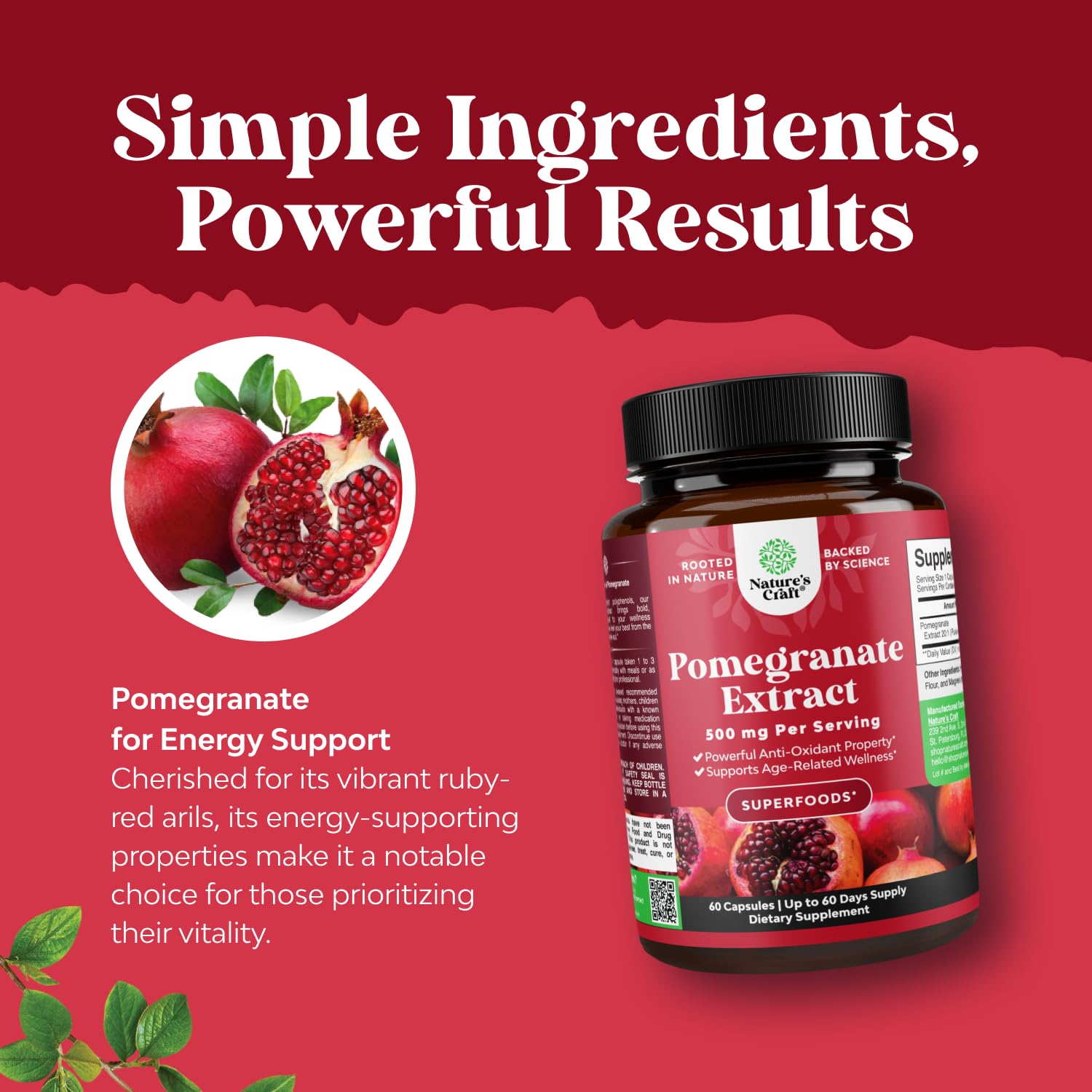 Advanced Pomegranate Extract Capsules - Powerful Antioxidant & Healthy Heart Support - Easy To Swallow Pomegranate Supplement - Superfood for Energy & Gut Health Support - Third Party Tested - 60 Ct
