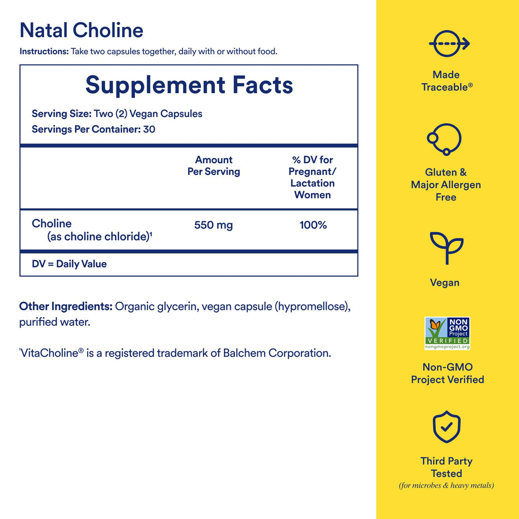 Ritual Natal Choline Supplement 550mg - 60 Capsules - 30 Servings | Support Baby’s Cognitive Function When Taken During Pregnancy and Postpartum Choline Content in Breastmilk* - Vegan - Citrus