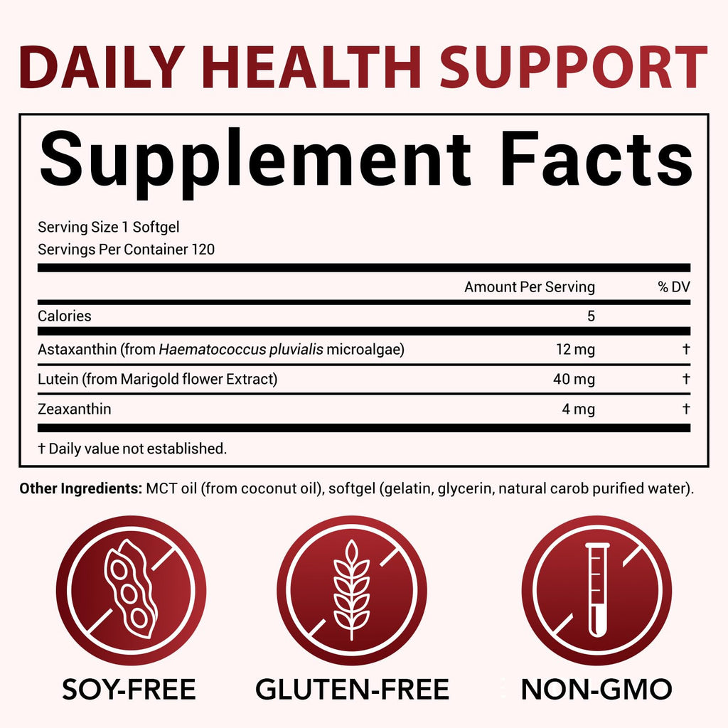 Astaxanthin 12mg & Lutein 40mg with Zeaxanthin Supplements, Fresh Microalgae Source, Supports Eye, Skin, Antioxidant, Joint, Circulatory Health, Gluten Free, 4 Month Supply | 120 Softgels