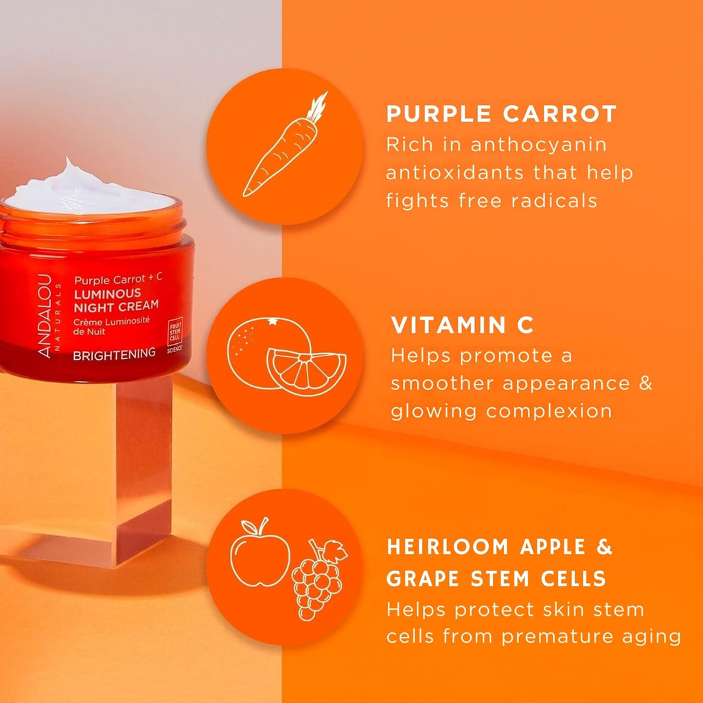 Buy now Andalou Naturals Purple Carrot + Vitamin C Luminous Skin Night Cream - Hydrating Face Moisturizer - With Fruit Stem Cell Complex for Radiant Skin - 1.7 fl oz at indiglob india