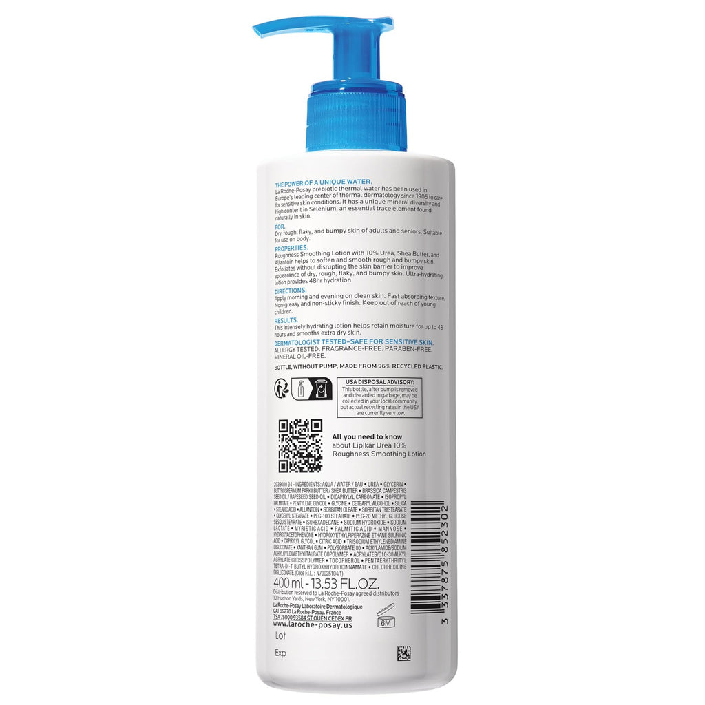 La Roche-Posay Lipikar Urea 10% Body Lotion for Dry Skin, 13.52oz | Rough and bumpy skin lotion with shea butter and allantoin that softens and smooths skin with 1 application.