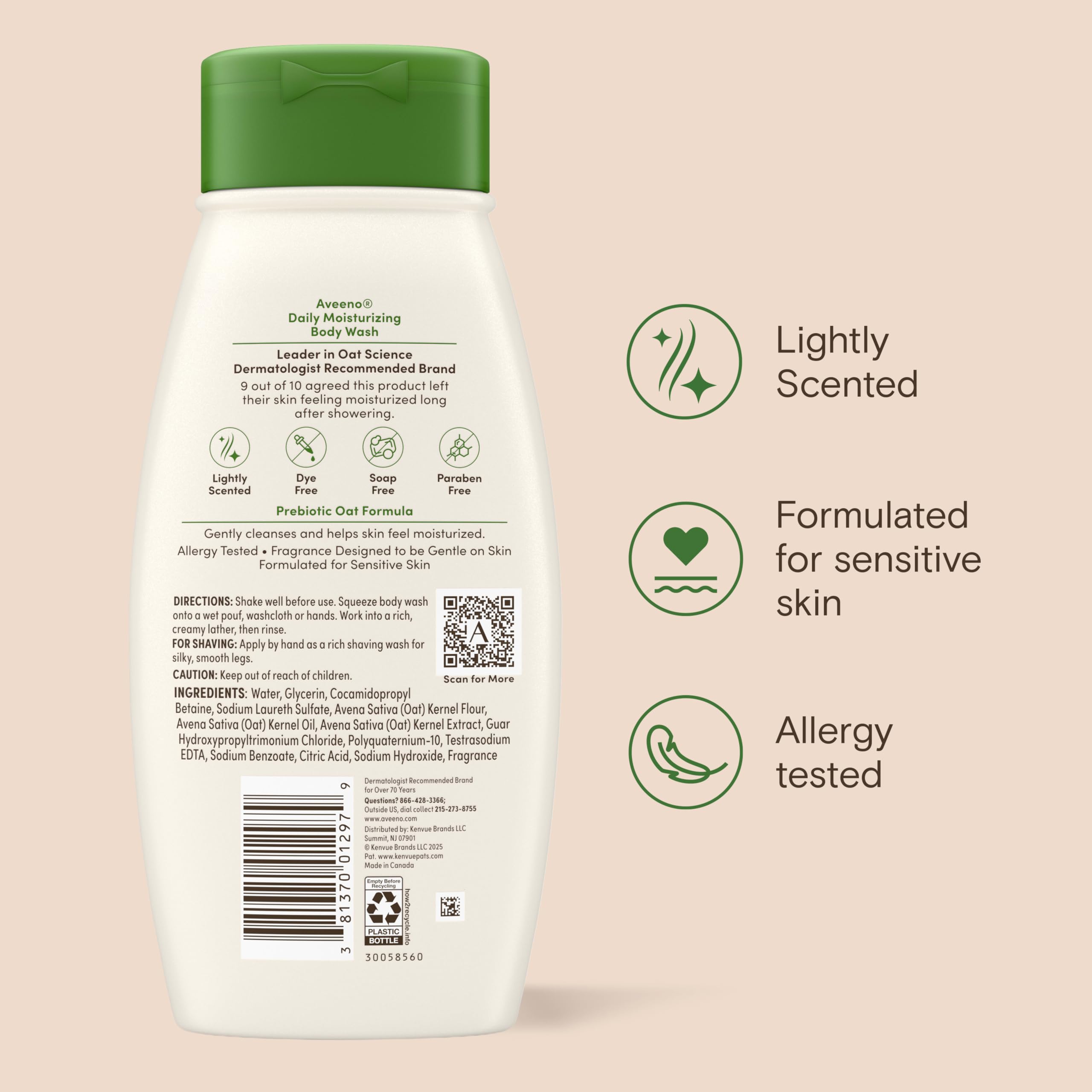 Aveeno Daily Moisturizing Body Wash, Prebiotic Oat, Dry Skin, 18 fl oz x 2