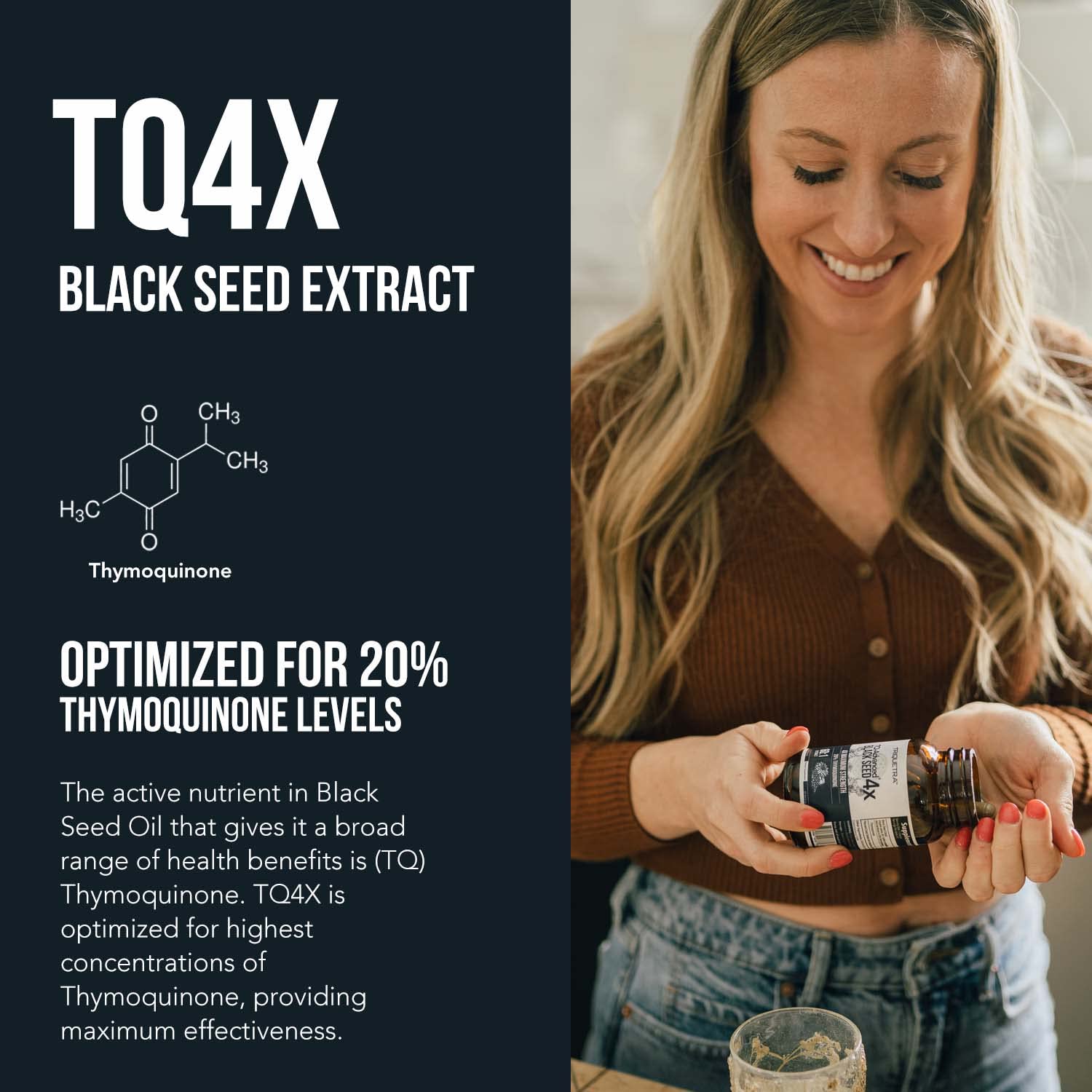 20% Thymoquinone Black Seed Oil Extract Capsules - TQ-Advanced 4X®: Potent Thymoquinone Concentration Available - 60:1 Concentrate from Nigella Sativa, Raw Form, Vegan, Glass Bottle (120 Capsules)