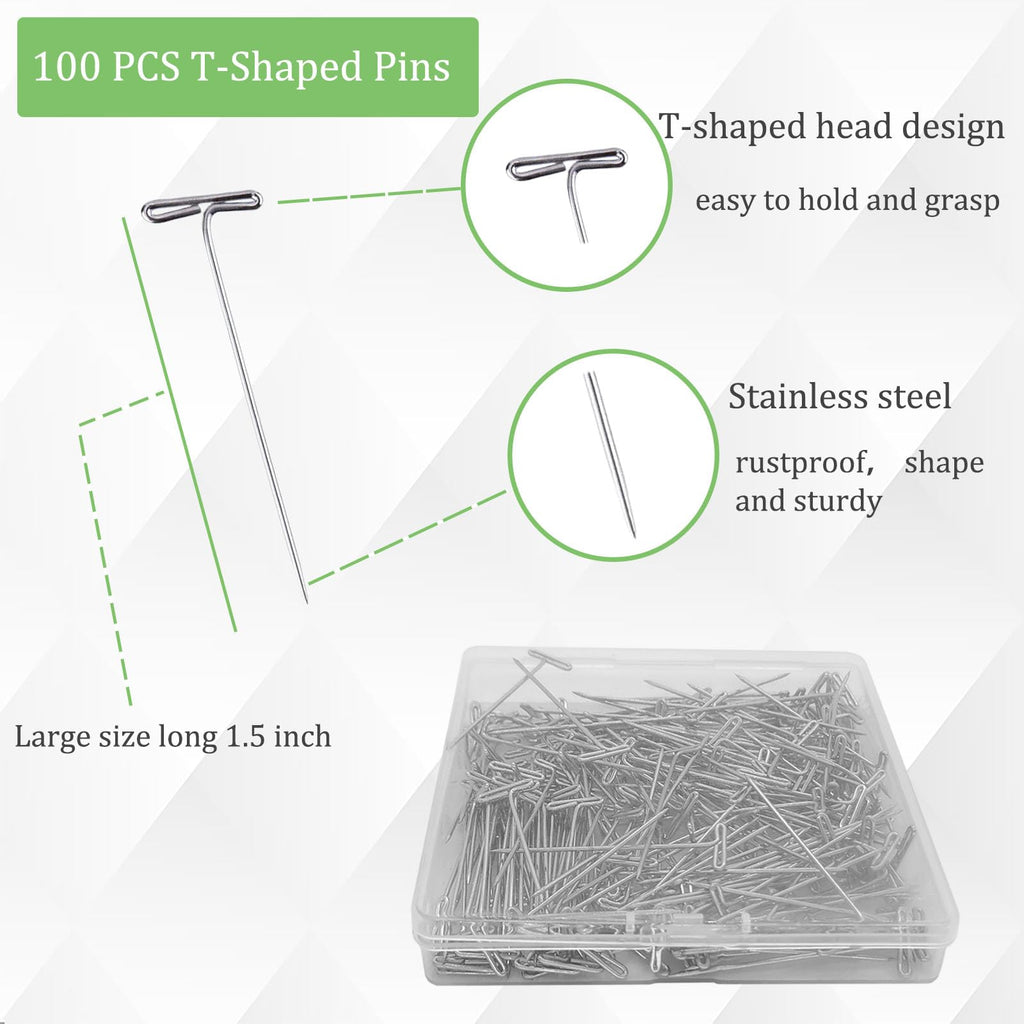 T Pins, 100Pack 1.5 inch Wig Pin, Stainless Steel T-pins for Blocking Knitting, Wig Pins for Foam Head, Blocking Crochet, Straight Pins for Sewing, Craft, Quilting, Office, Decoration by Sunenlyst