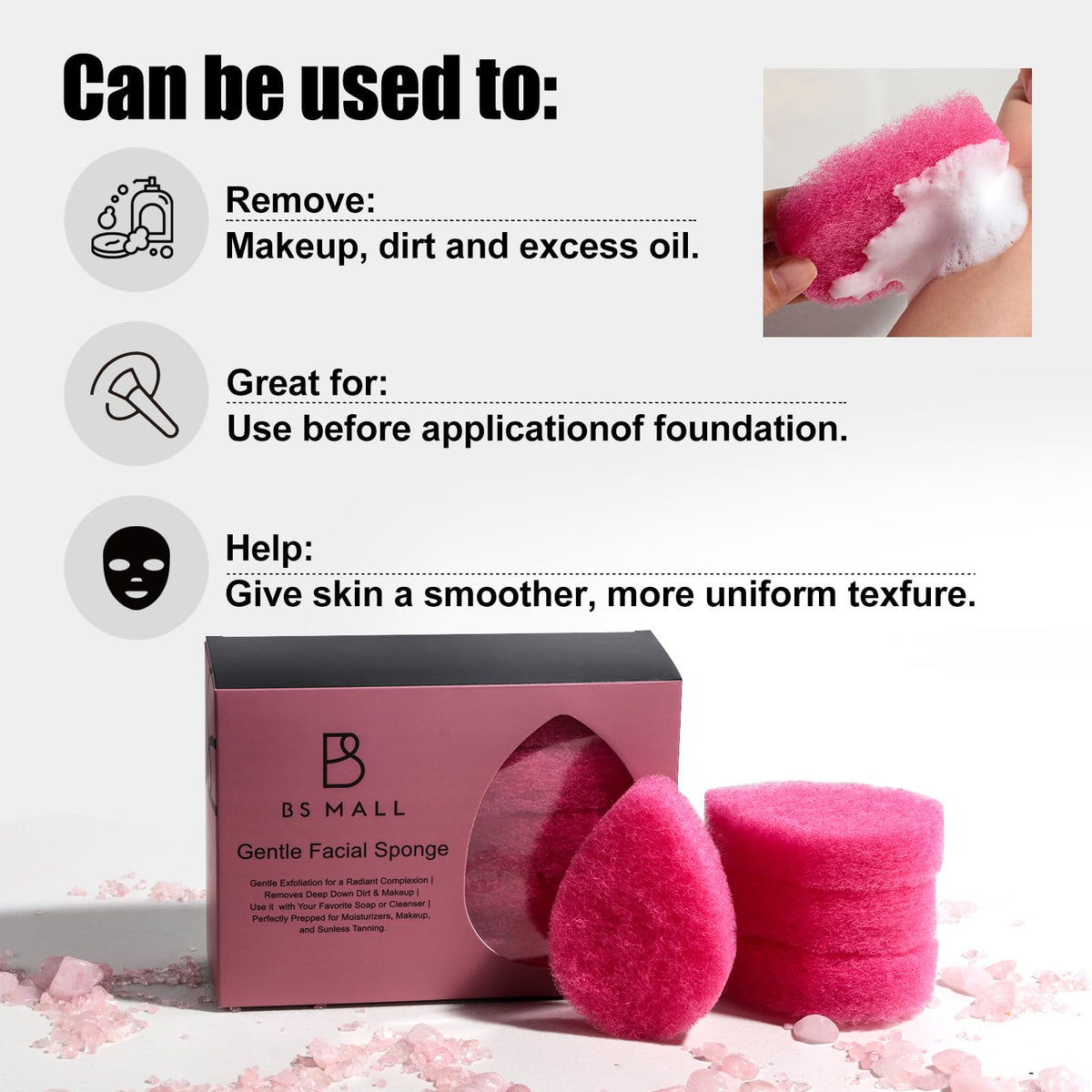 BS-MALL Facial Sponge 12 Pcs – Exfoliating Face Scrubber for Deep Cleansing, Removes Blackheads, Reusable Design, Perfect for Skin Care Routine (Hot Pink-Soft Texture)