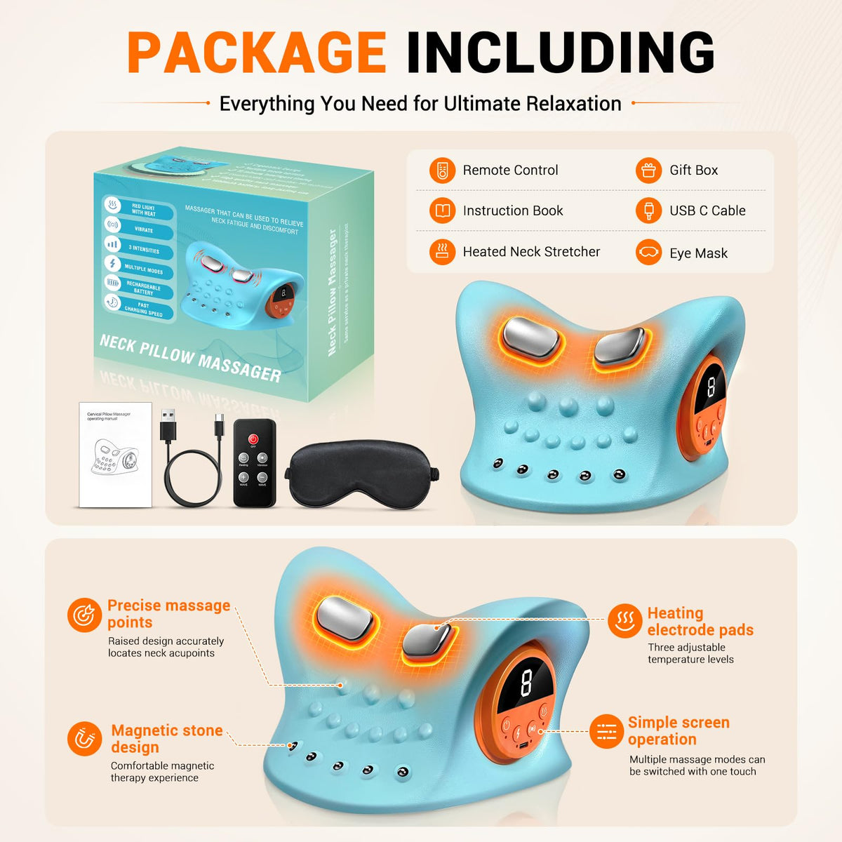 Cordless Neck Massager with Heat for Pain Relief Deep Tissue