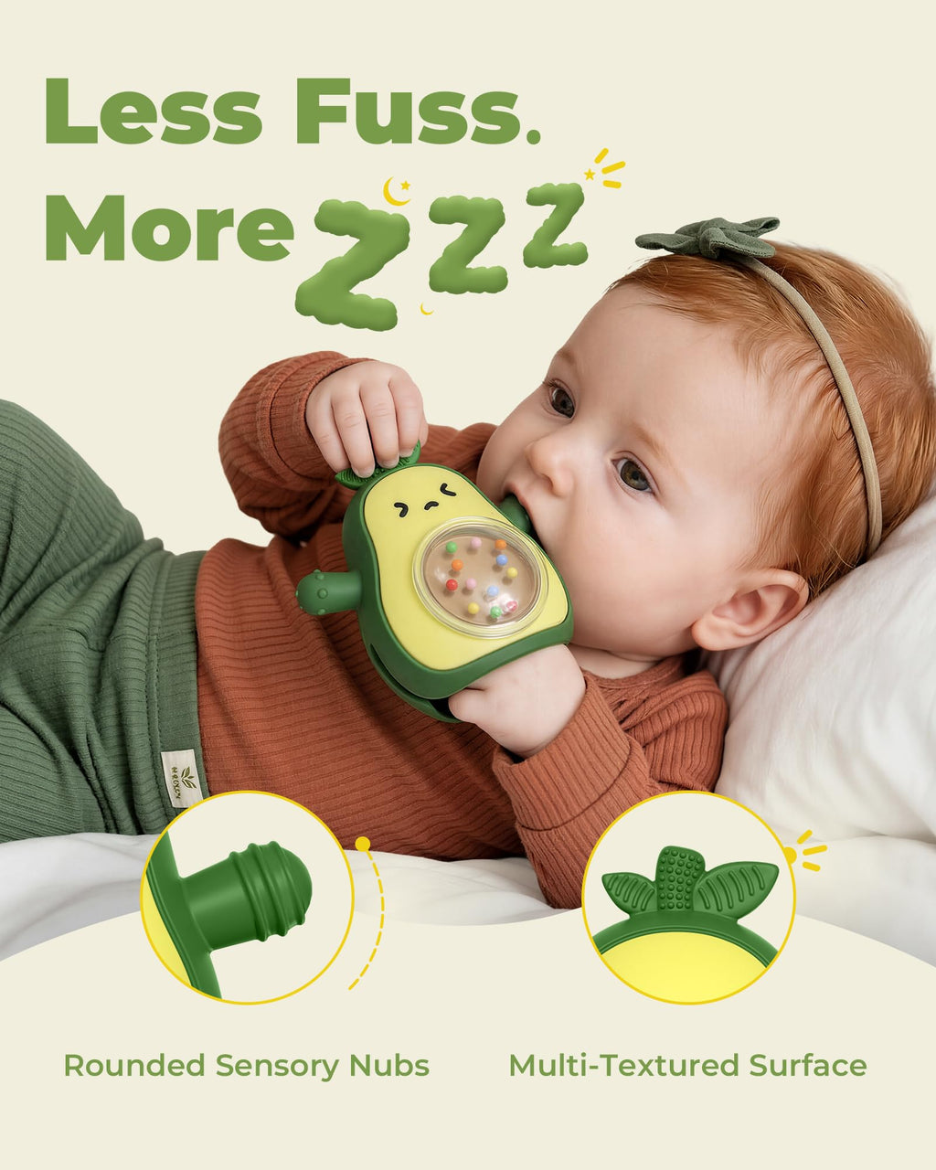 Infinno Avocado Silicone Teething Toy with Rattle for Infant 3-12 Months