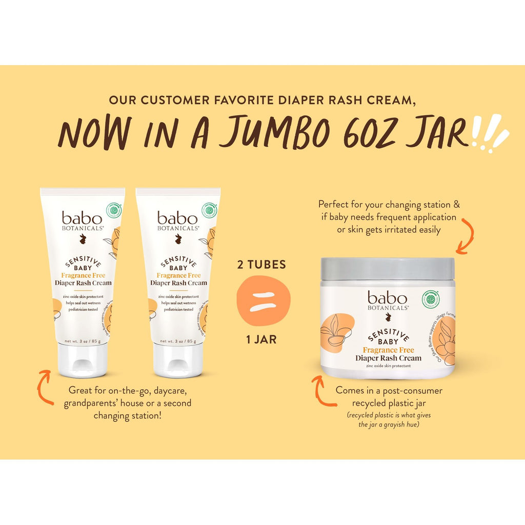 Babo Botanicals Sensitive Baby Fragrance-Free Diaper Cream - 25% Natural Zinc Oxide - Calendula, Shea & Cocoa Butter - EWG Verified - Vegan- from Birth on - 6 Ounce Jar