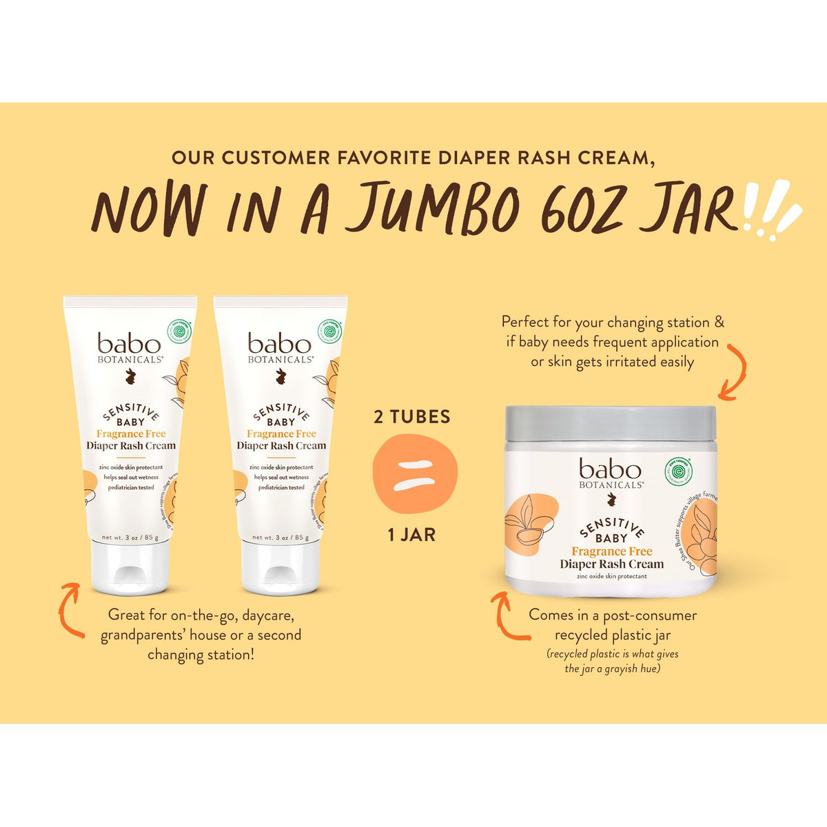 Babo Botanicals Sensitive Baby Fragrance-Free Diaper Cream - 25% Natural Zinc Oxide - Calendula, Shea & Cocoa Butter - EWG Verified - Vegan- from Birth on - 6 Ounce Jar