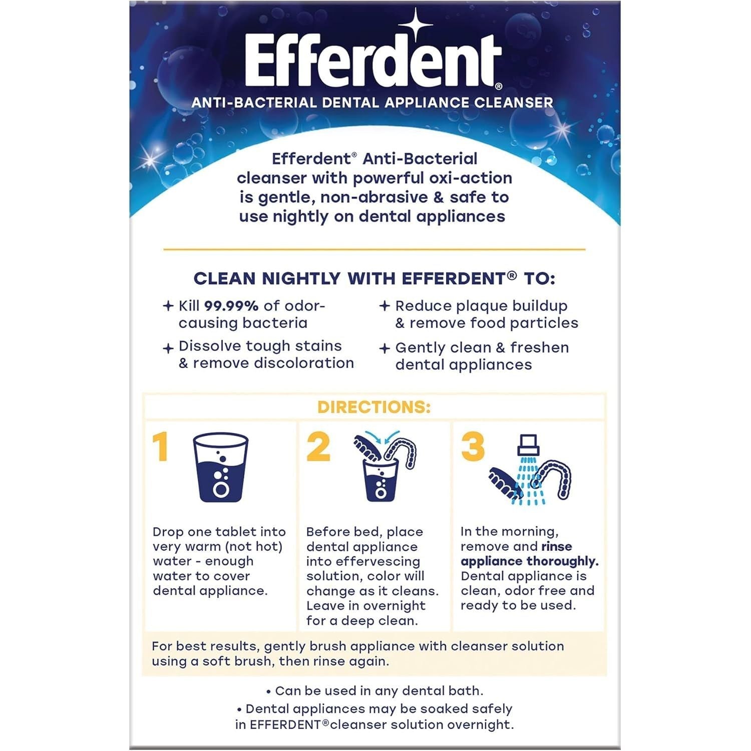Buy now Efferdent Retainer Cleaning Tablets, Denture Cleaning Tablets for Dental Appliances, Overnight Whitening, 126 Count at indiglob india