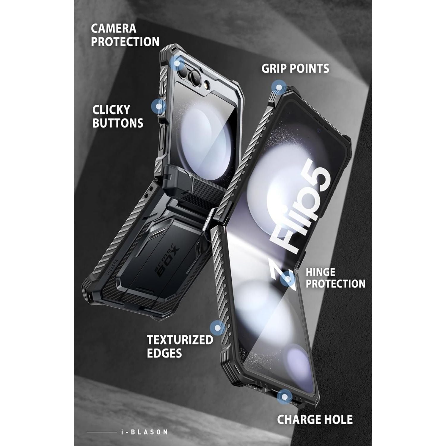 Buy now i-Blason for Samsung Galaxy Z Flip 5 Case with Stand, [Built-in Screen Protector] [Hinge Protection], Full-Body Protection Magnetic Phone Case for Galaxy Z Flip 5, Black at indiglob india