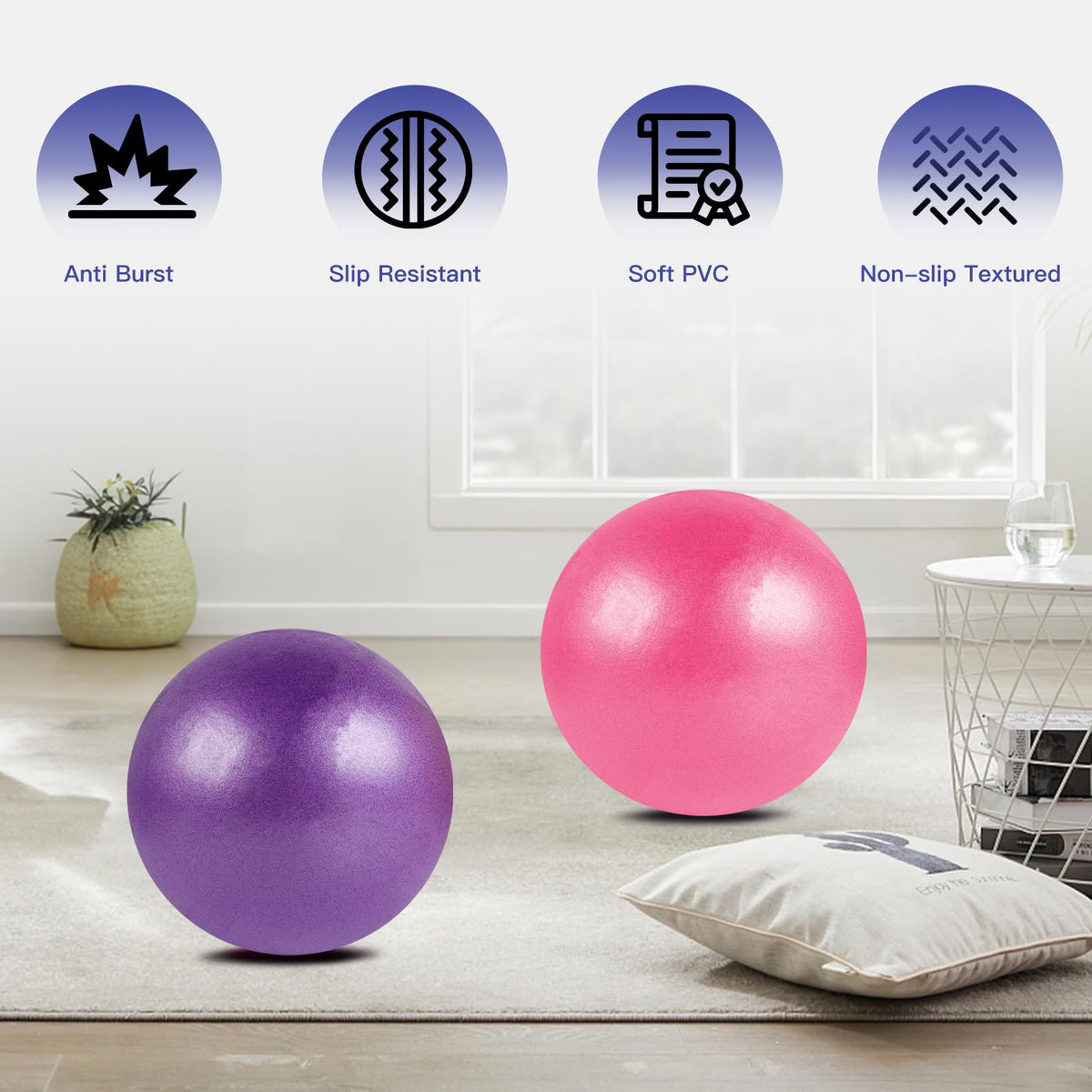 Guirnd Pilates Ball 2P, 9 Inch Workout Ball for Women Men, Small Exercise Ball with Pump for Physical Therapy, Stability, Stretching, Barre, Yoga, Core Workout at Home Gym & Office(Pink & Purple)