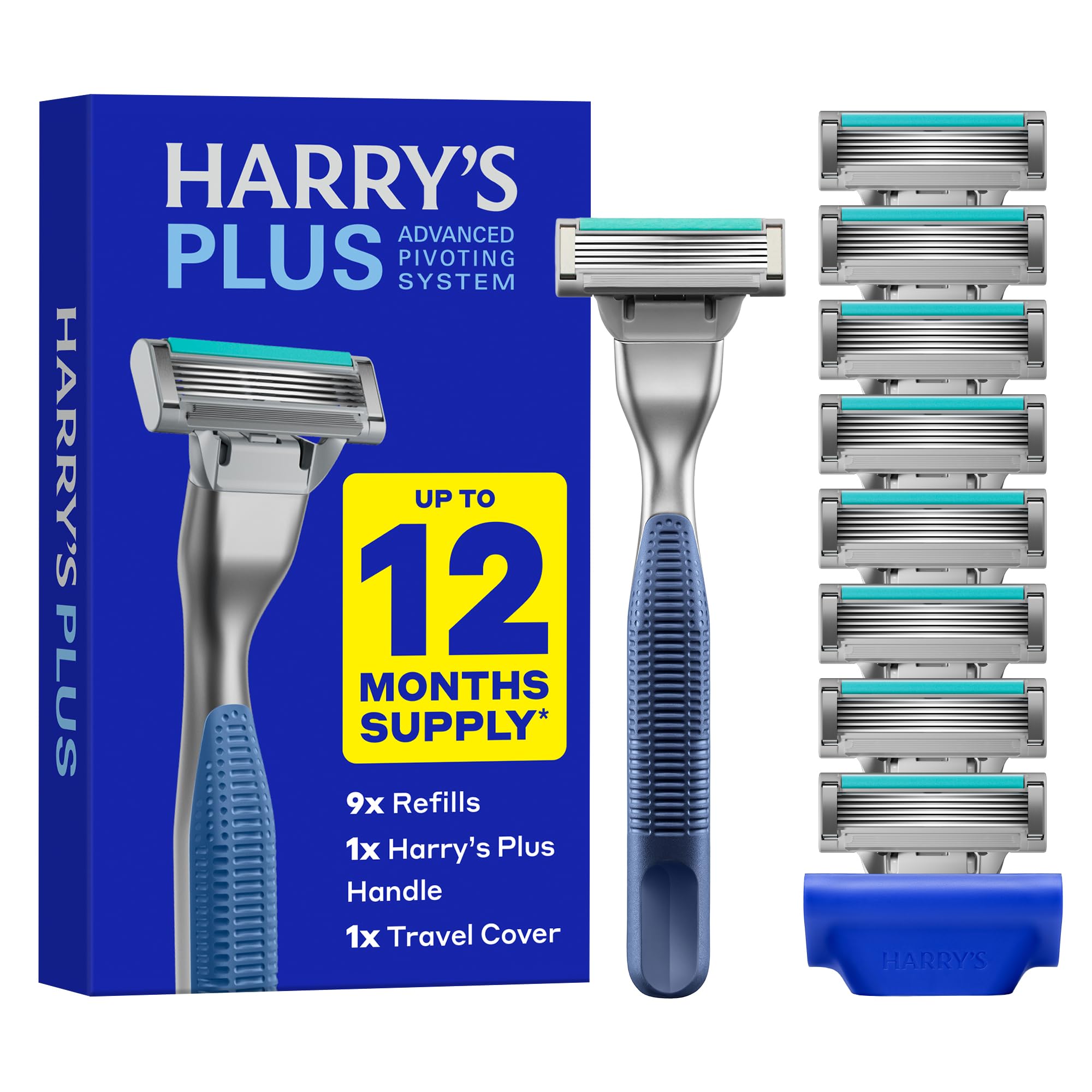 Harry's Plus Razor and Blade Value Pack, 1 Razor Handle (Tide), 9 Razor Blade Refill Cartridges- German Engineered- Up to 12 Months of Smooth Shaving