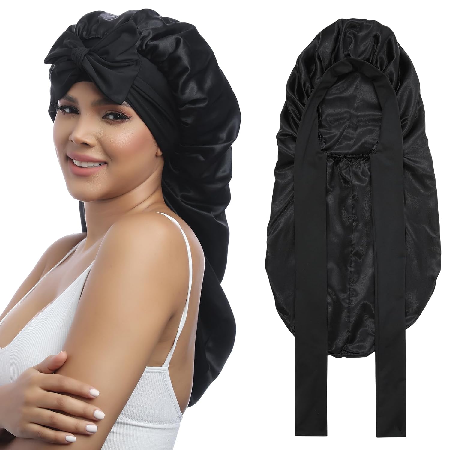 Buy now AWAYTR Long Satin Bonnet for Women - Double Layer Elastic Silk Bonnet for Braids Hair Sleeping Cap with Tie Band (Rose Gold) One Size Black at indiglob india