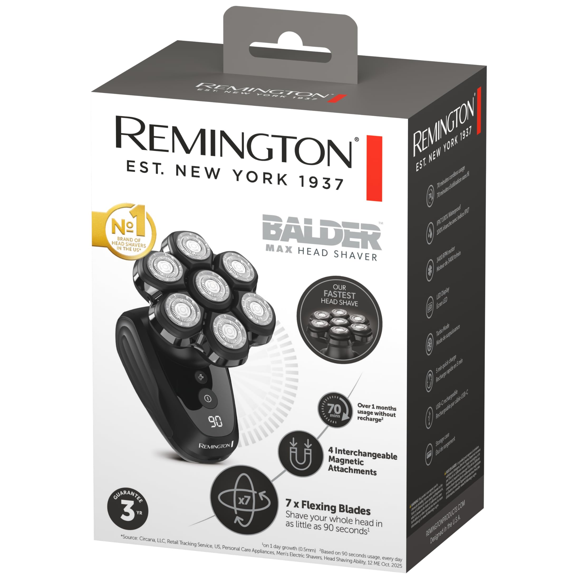 Remington Balder MAX Head Shaver for Men, 7-Head Rotary Wet & Dry Razor | Cordless Design for Flexible Use, 70-Min Runtime, rechargeable battery, wet & dry shaving, sleek black finish