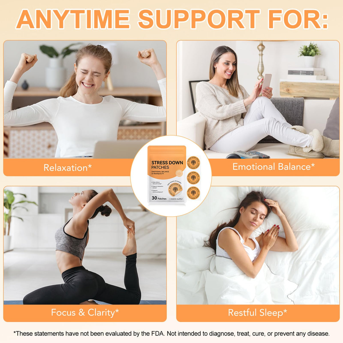 Stress Down Patches - Stress & Anxiety Relief, Cortisol Level Support for Women Men, 30 Patches