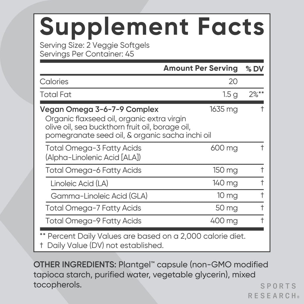 Sports Research® Vegan Omega 3·6·7·9 Complex 1635mg, 90 Count Plantgels™