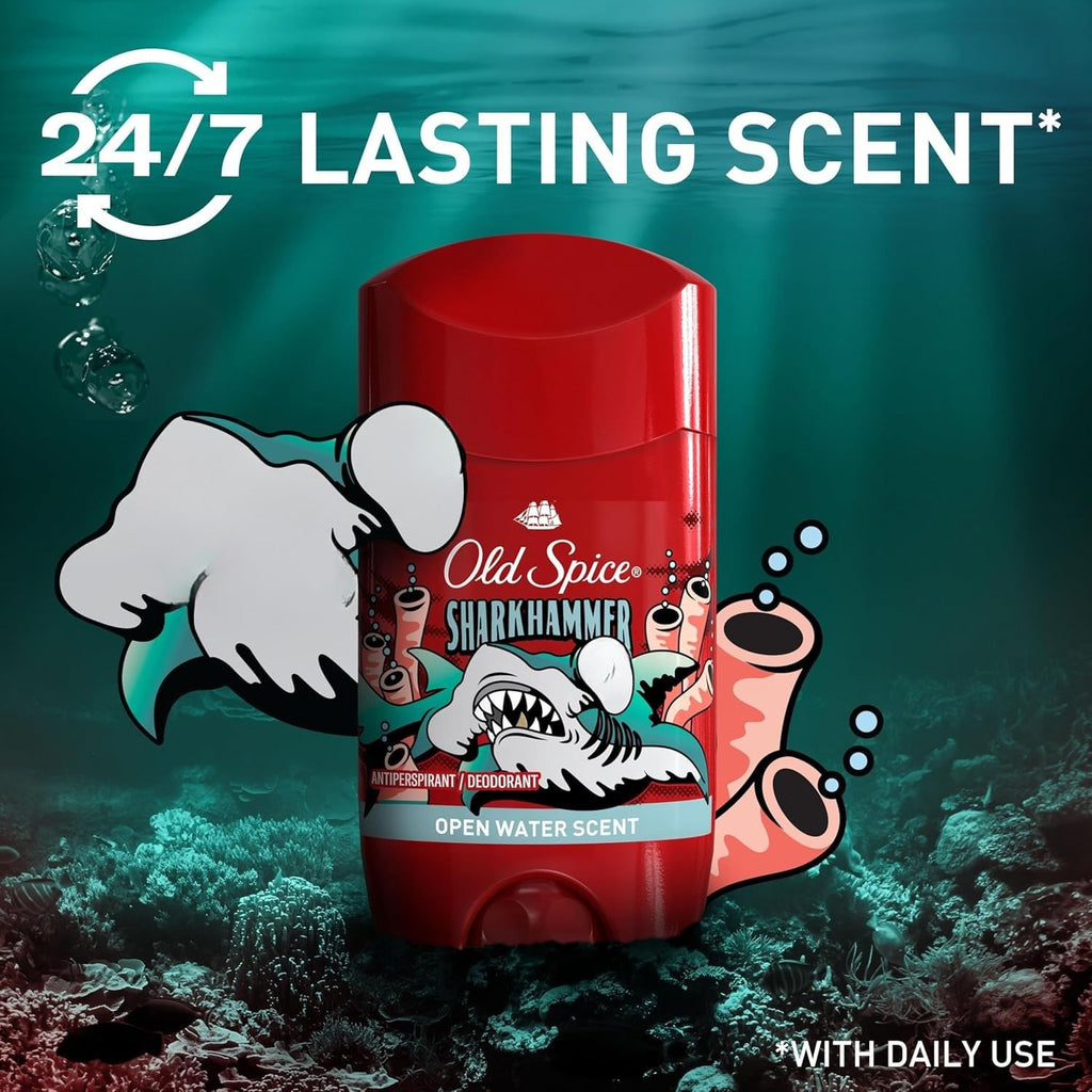Old Spice Antiperspirant Deodorant for Men, 24/7 Sweat & Odor Protection, Aluminum-Based, Long Lasting Fresh Scent (Open Water/Sharkhammer), 73 g (1 Pack)