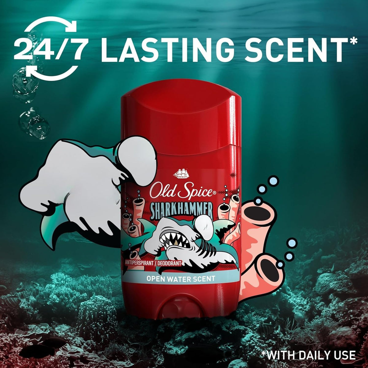 Old Spice Antiperspirant Deodorant for Men, 24/7 Sweat & Odor Protection, Aluminum-Based, Long Lasting Fresh Scent (Open Water/Sharkhammer), 73 g (1 Pack)